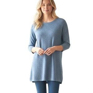 Lands End Blue Heathered Knit Sweater 3/4 Sleeve Crew Neck Tunic‎ Women's Medium